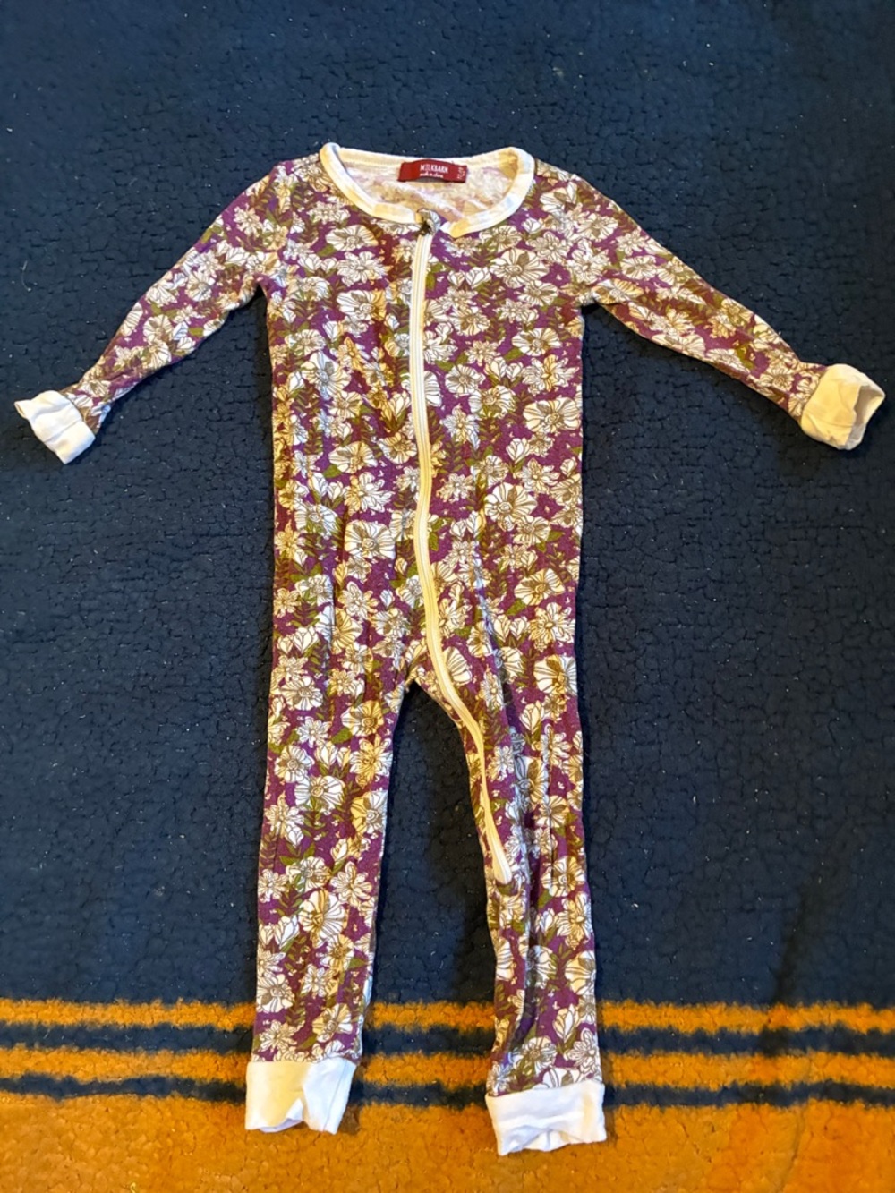 Milkbarn Kids Floral Zip One-Piece Pajamas in Purple and White 100% rayon
